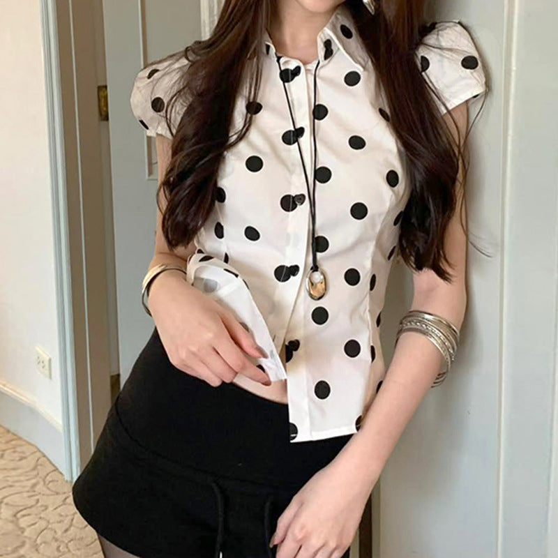 Women Shirt Collar Polka Dot Print Puff Sleeve Top