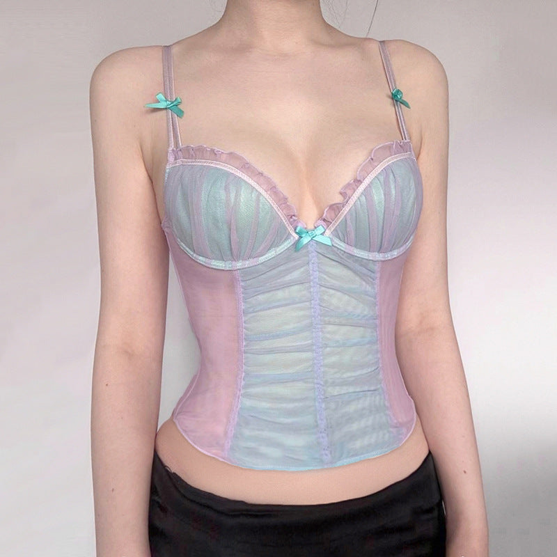 Women Longline Sweetheart Neck Net Top