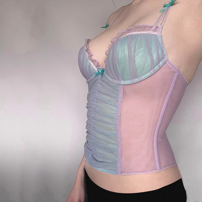Women Longline Sweetheart Neck Net Top