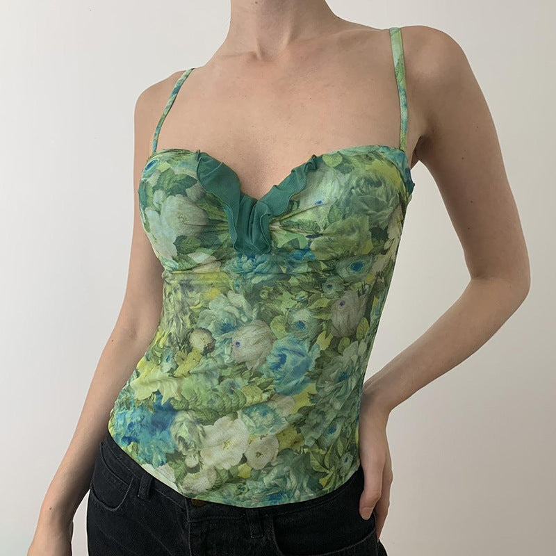 Tropical Print Shoulder Straps Regular Corset Top