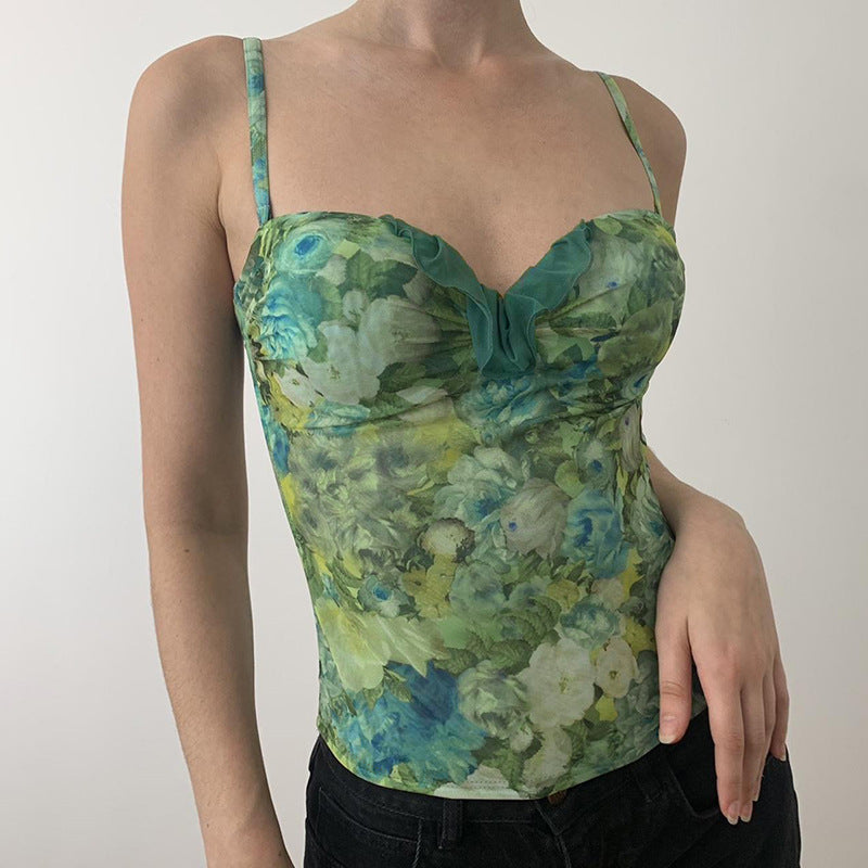 Tropical Print Shoulder Straps Regular Corset Top
