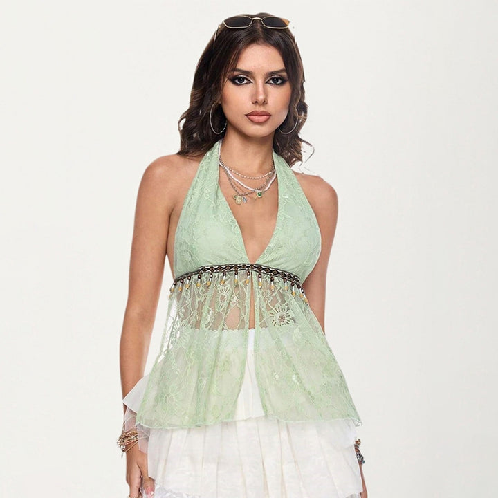 Women Tie-Up Neck Net Top