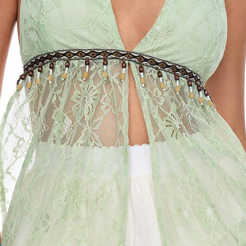 Women Tie-Up Neck Net Top