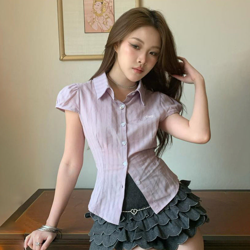 Women Striped Puff Sleeve Crepe Shirt Style Top