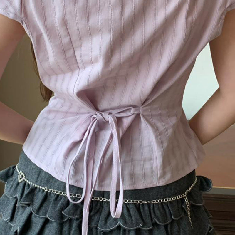 Women Striped Puff Sleeve Crepe Shirt Style Top