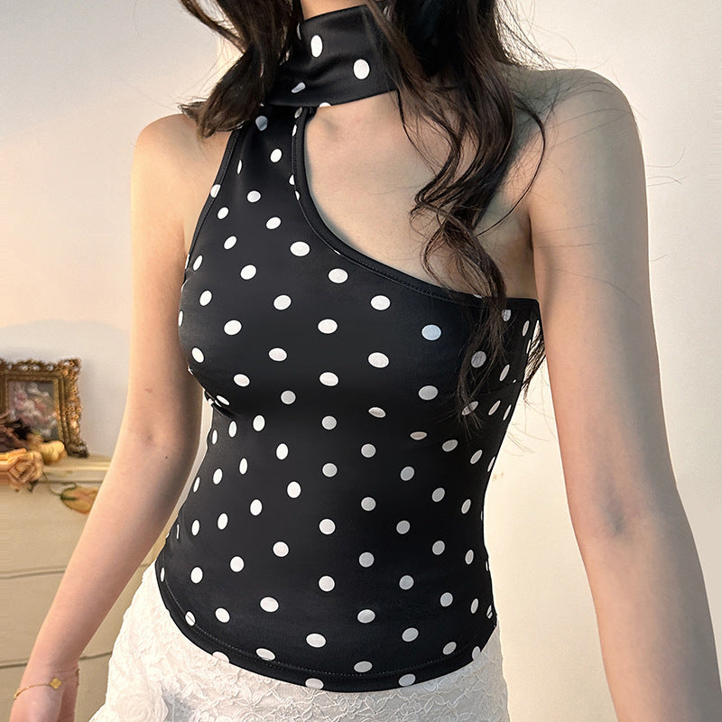 Polka Dot Print One Shoulder Top
