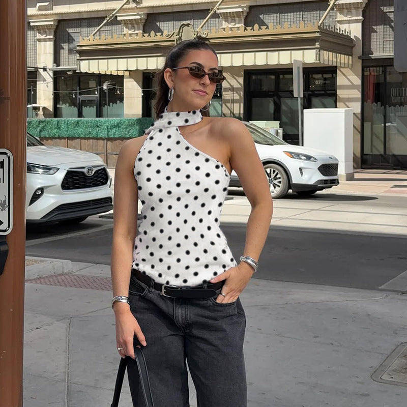 Women Polka Dot Print One Shoulder Top