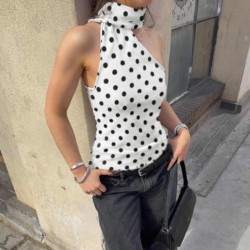 Women Polka Dot Print One Shoulder Top