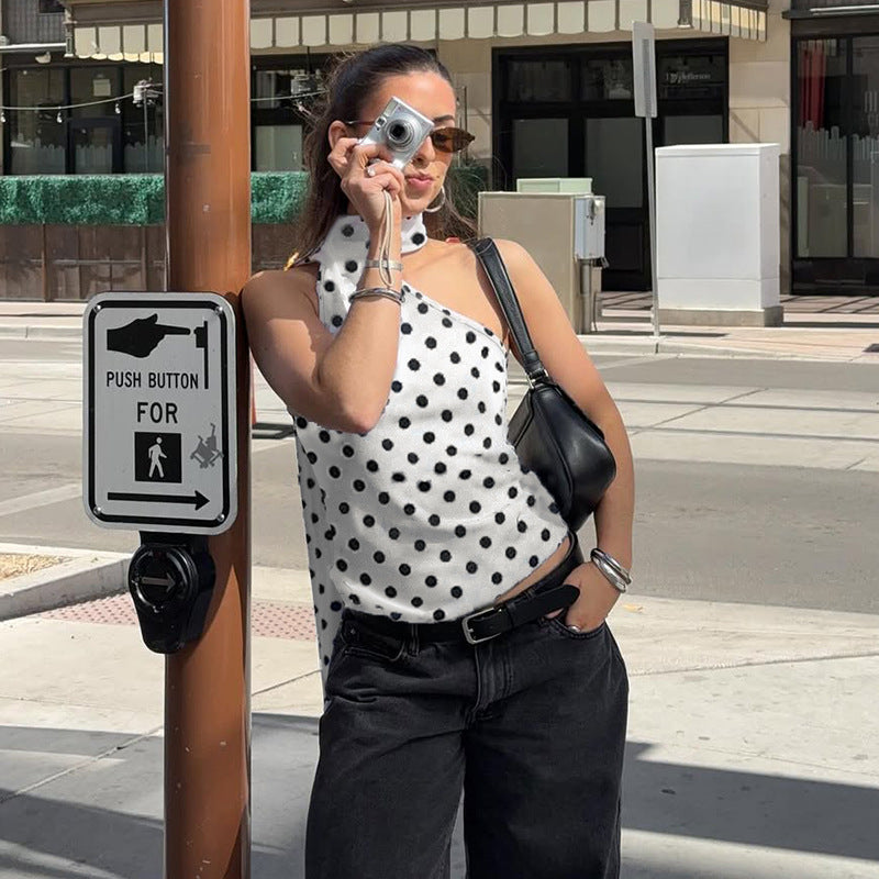 Women Polka Dot Print One Shoulder Top