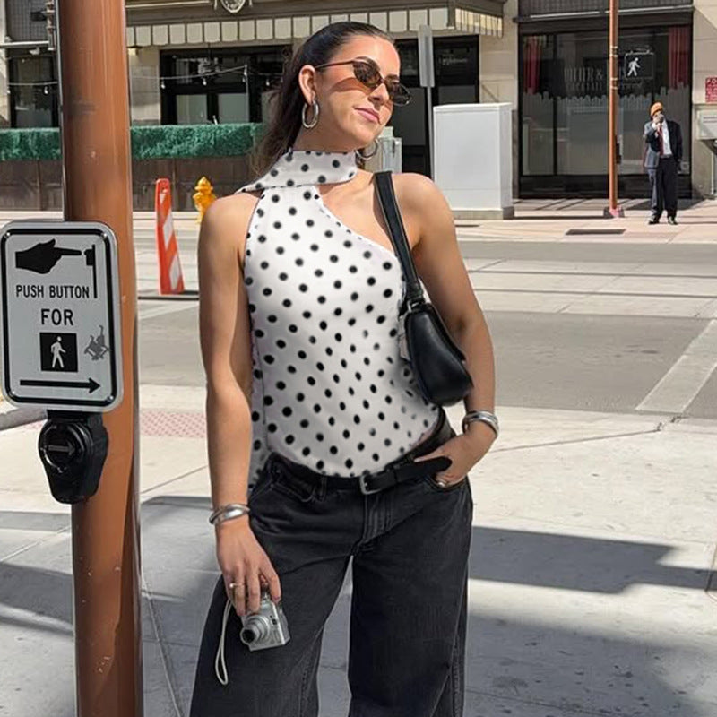 Women Polka Dot Print One Shoulder Top