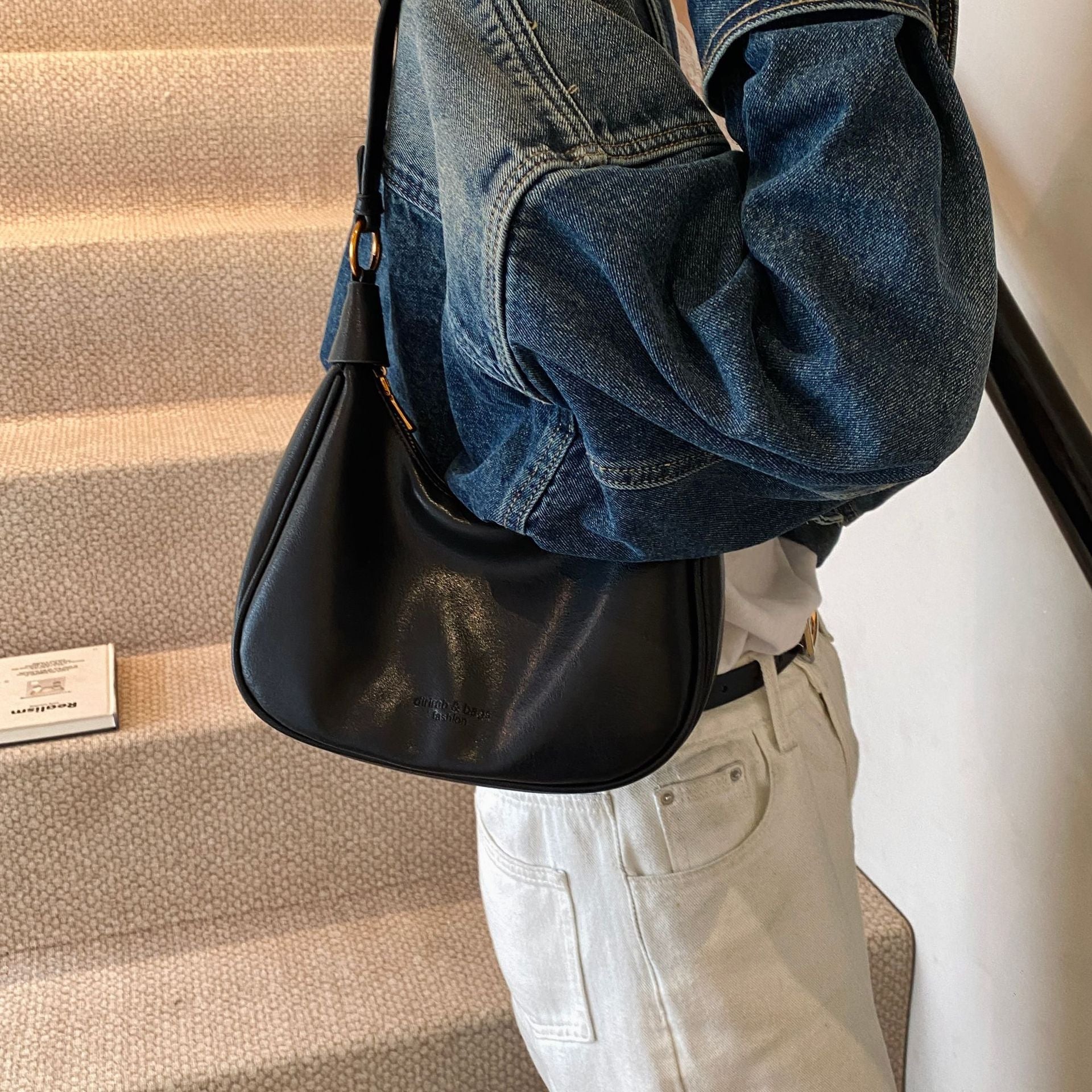 Black Solid One Handle Shoulder Bag