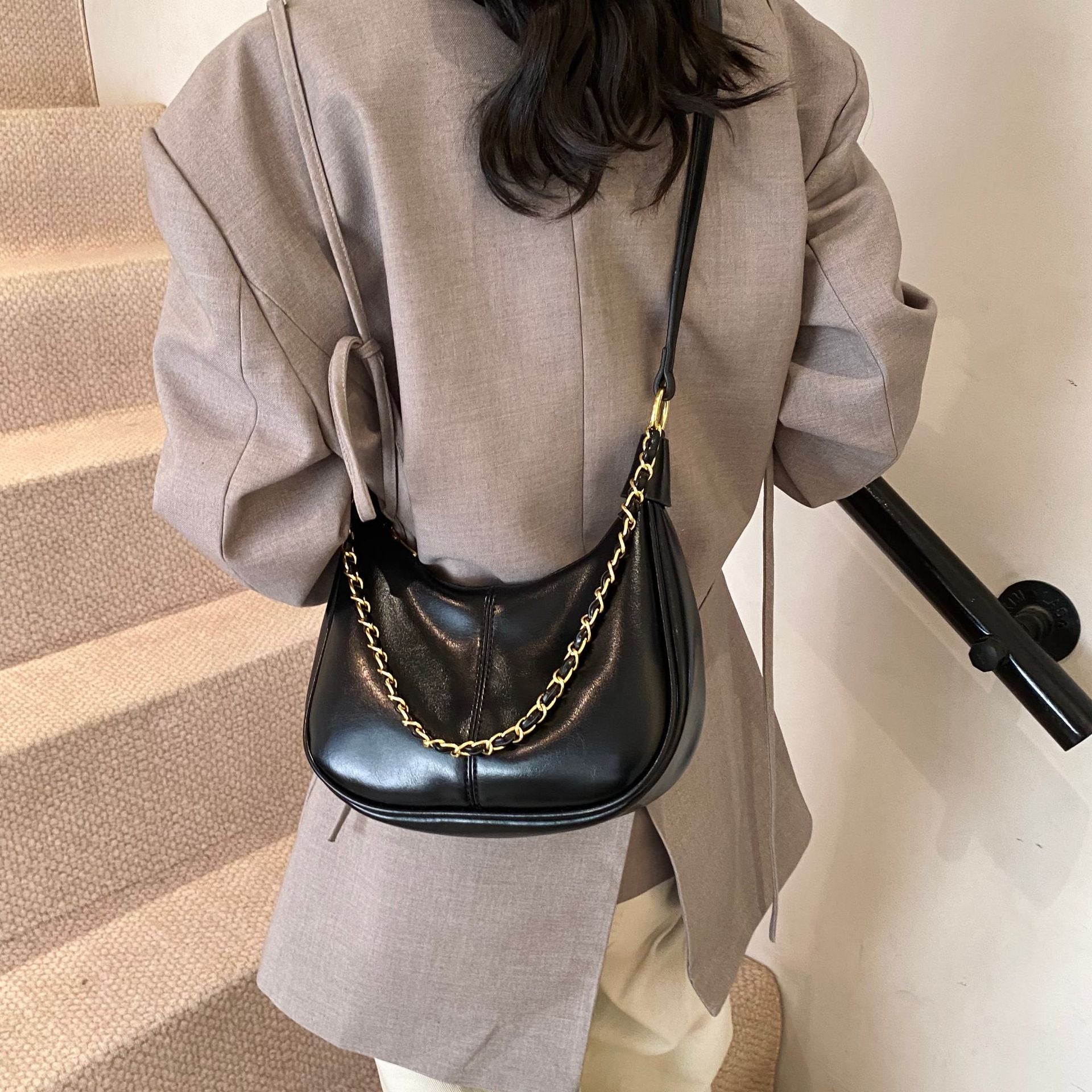 Black Solid One Handle Shoulder Bag