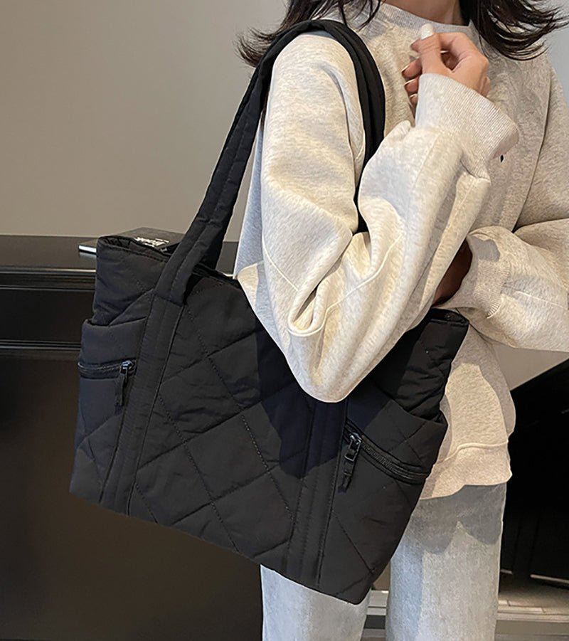 Black Solid Two Handles Tote Bag