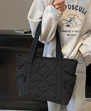 Black Solid Two Handles Tote Bag