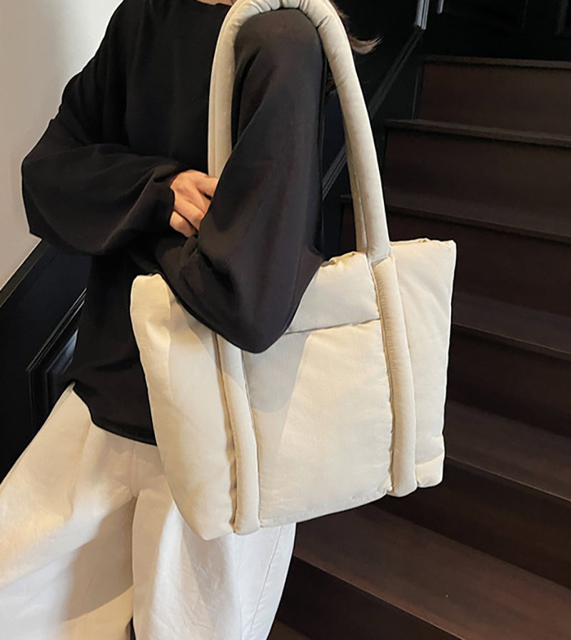 Off White Solid One Handle Tote Bag