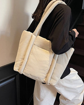 Off White Solid One Handle Tote Bag