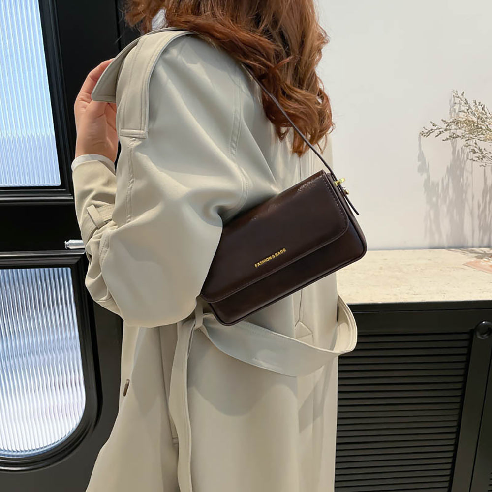 Coffee Solid Two Handles Shoulder Bag