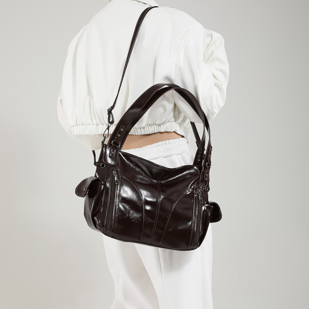 Coffee Solid Two Handles Shoulder Bag