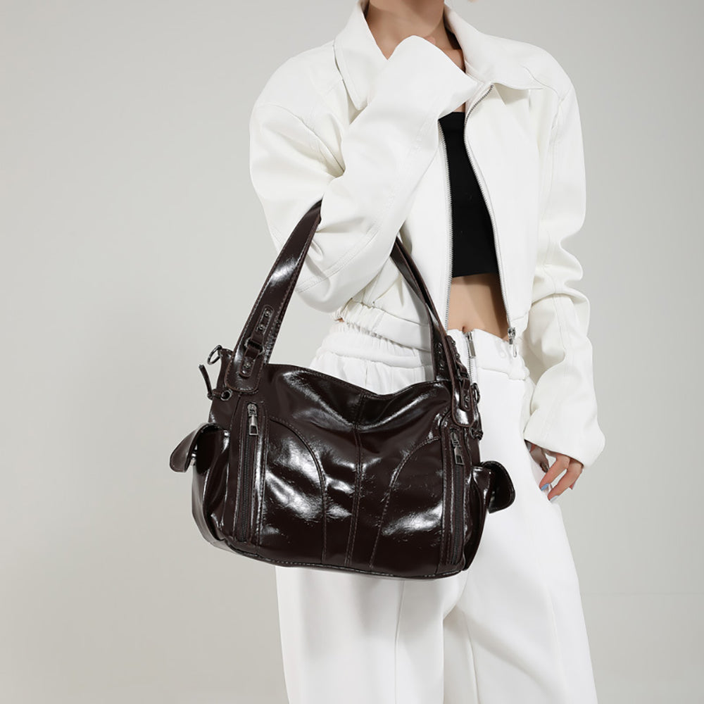 Coffee Solid Two Handles Shoulder Bag