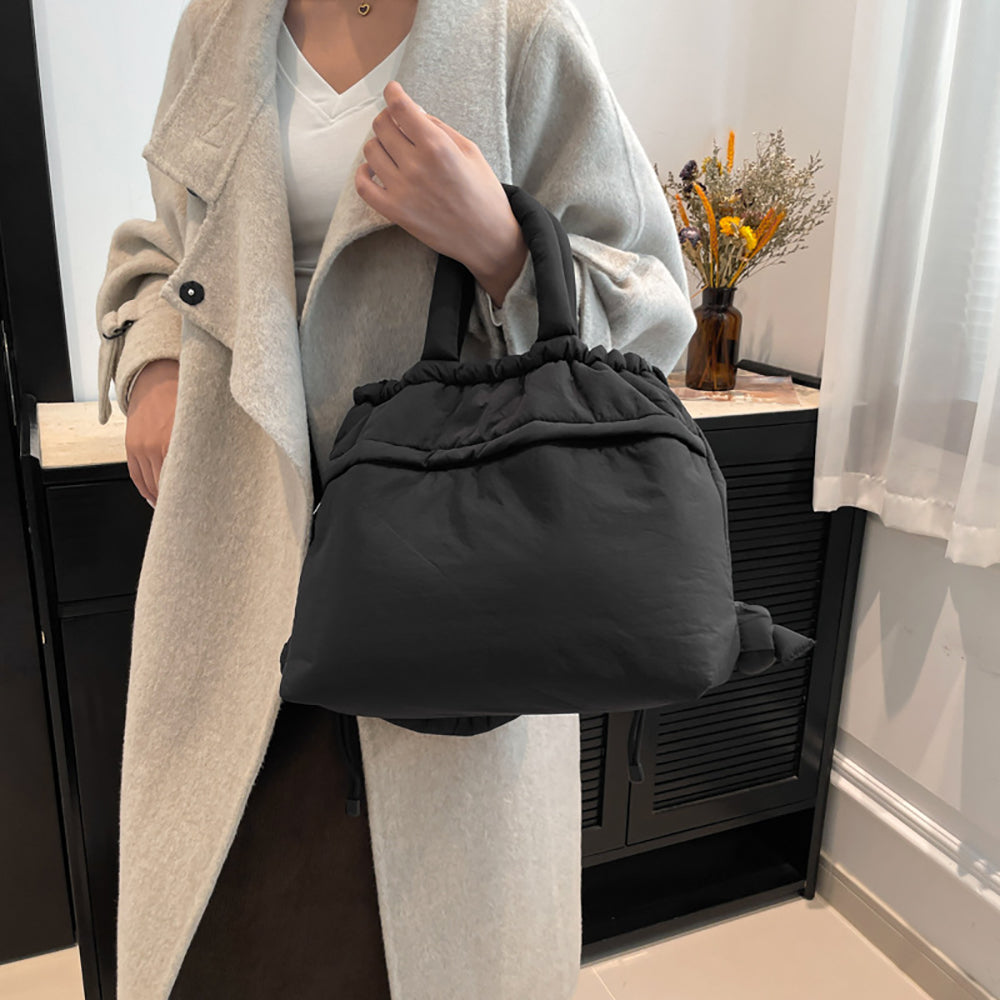 Black Solid Two Handles Hobo Bag