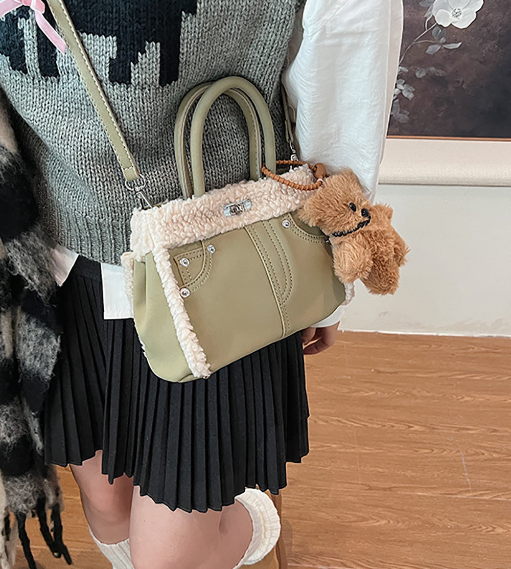 Green Solid Two Handles Shoulder Bag