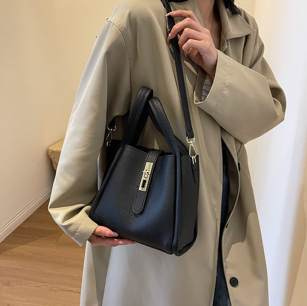 Black Solid Two Handles Shoulder Bag