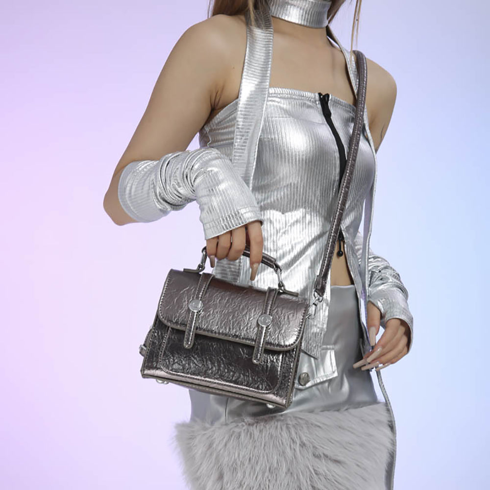 Silver Solid Two Handles Shoulder Bag
