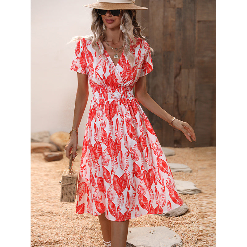 Red Tropical Print Smocked Detailed Fit and Flare Midi Dress