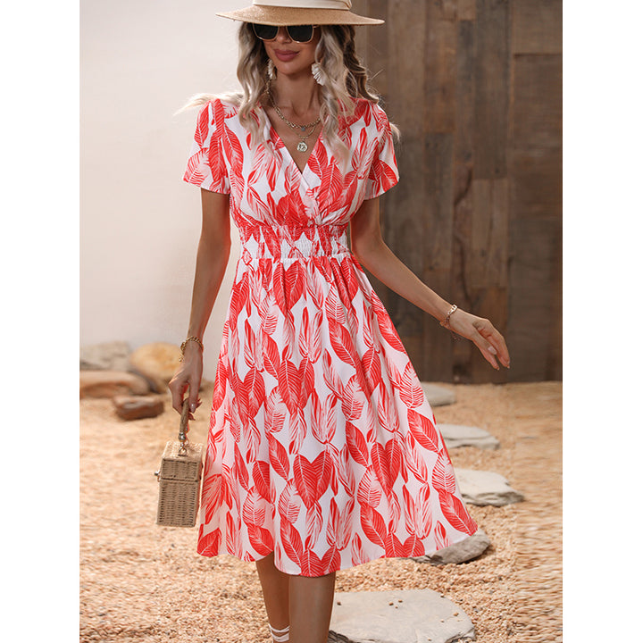 Red Tropical Print Smocked Detailed Fit and Flare Midi Dress