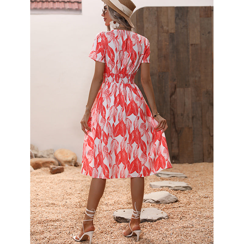 Red Tropical Print Smocked Detailed Fit and Flare Midi Dress