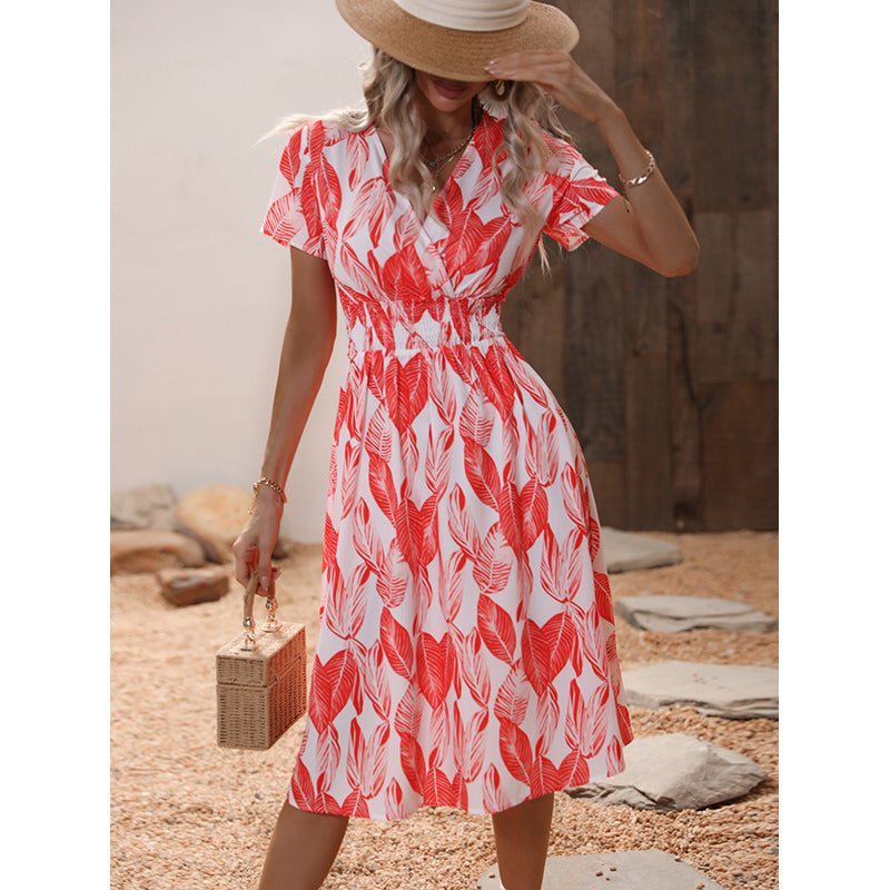 Red Tropical Print Smocked Detailed Fit and Flare Midi Dress