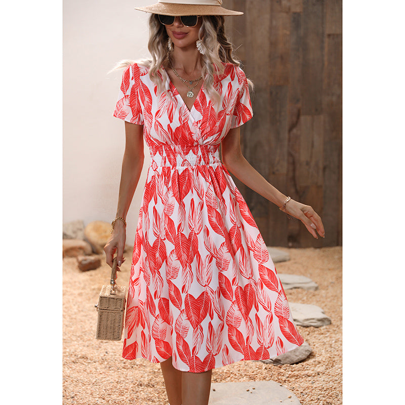 Red Tropical Print Smocked Detailed Fit and Flare Midi Dress