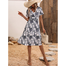 Black Floral Printed V-Neck Smocked A-Line Dress