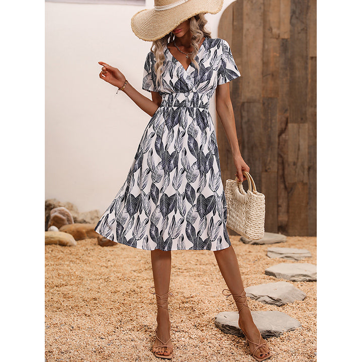 Black Floral Printed V-Neck Smocked A-Line Dress