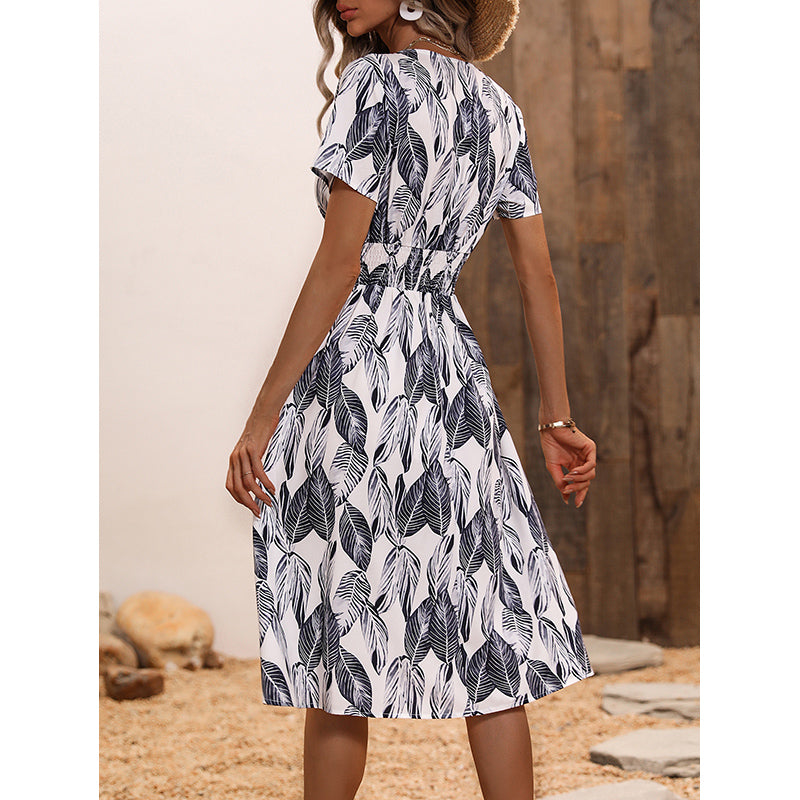 Black Floral Printed V-Neck Smocked A-Line Dress