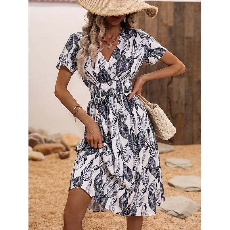 Black Floral Printed V-Neck Smocked A-Line Dress