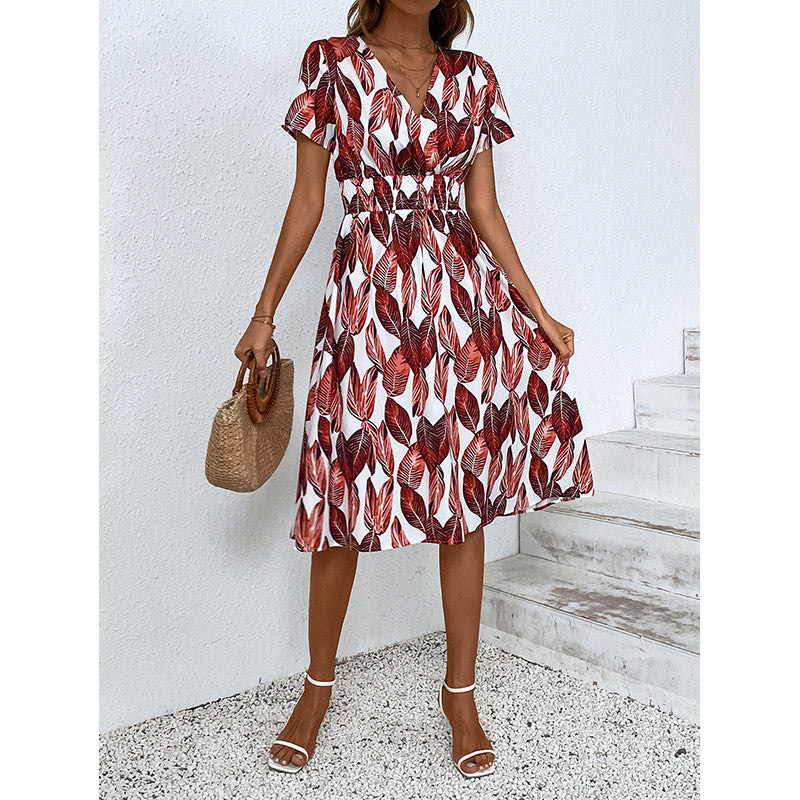 Maroon Tropical Printed A-Line Dress