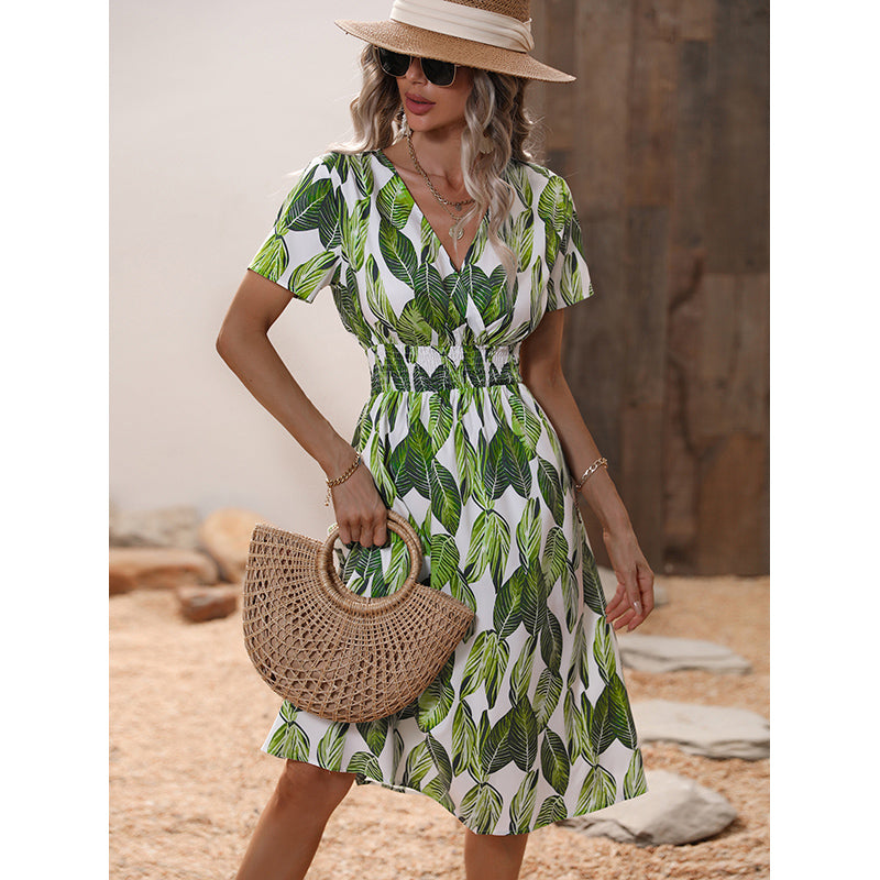 Green Tropical Print Midi A-Line Dress