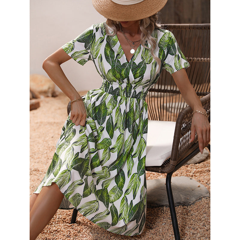 Green Tropical Print Midi A-Line Dress