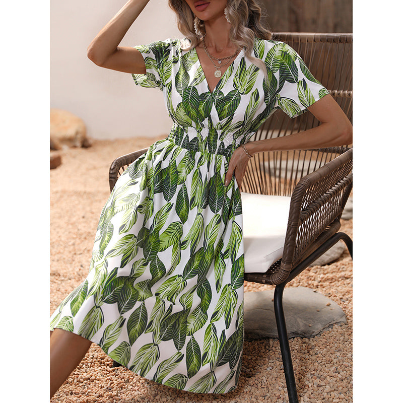 Green Tropical Print Midi A-Line Dress