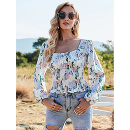 Floral Print Square Neck Flared Sleeve Top