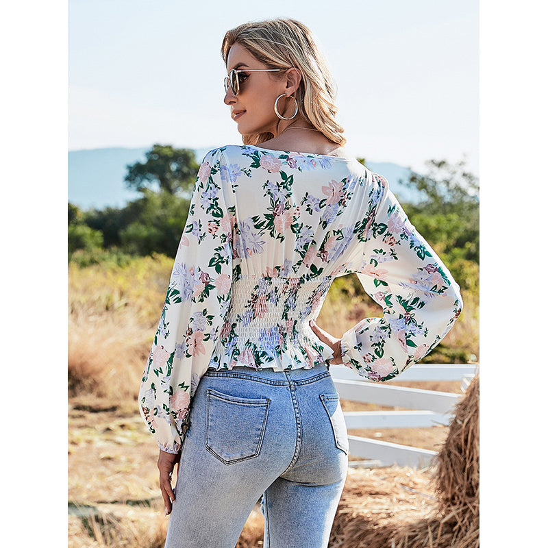 Floral Print Square Neck Flared Sleeve Top