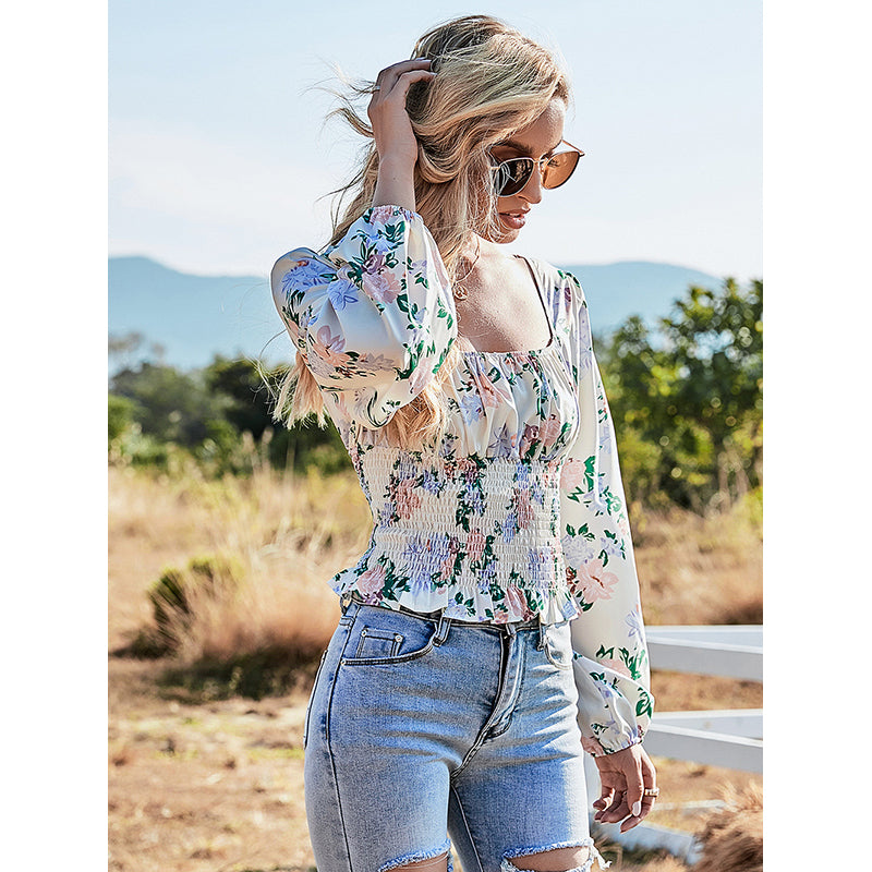 Floral Print Square Neck Flared Sleeve Top