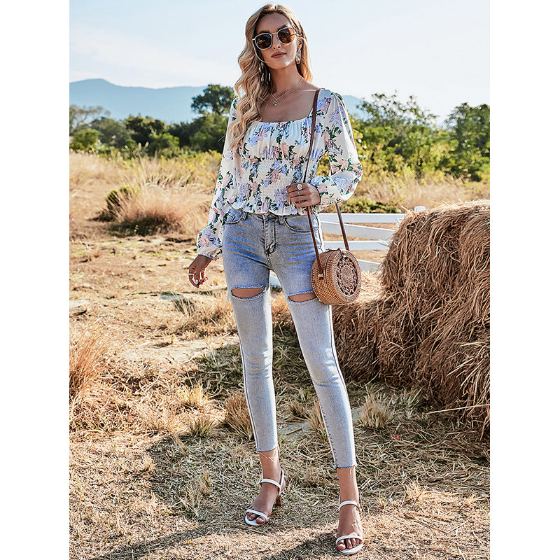 Floral Print Square Neck Flared Sleeve Top