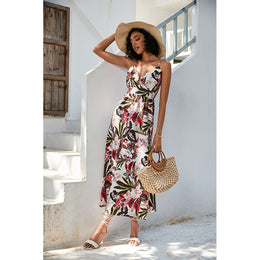 White Floral Printed Shoulder Straps Smocked Maxi Dress
