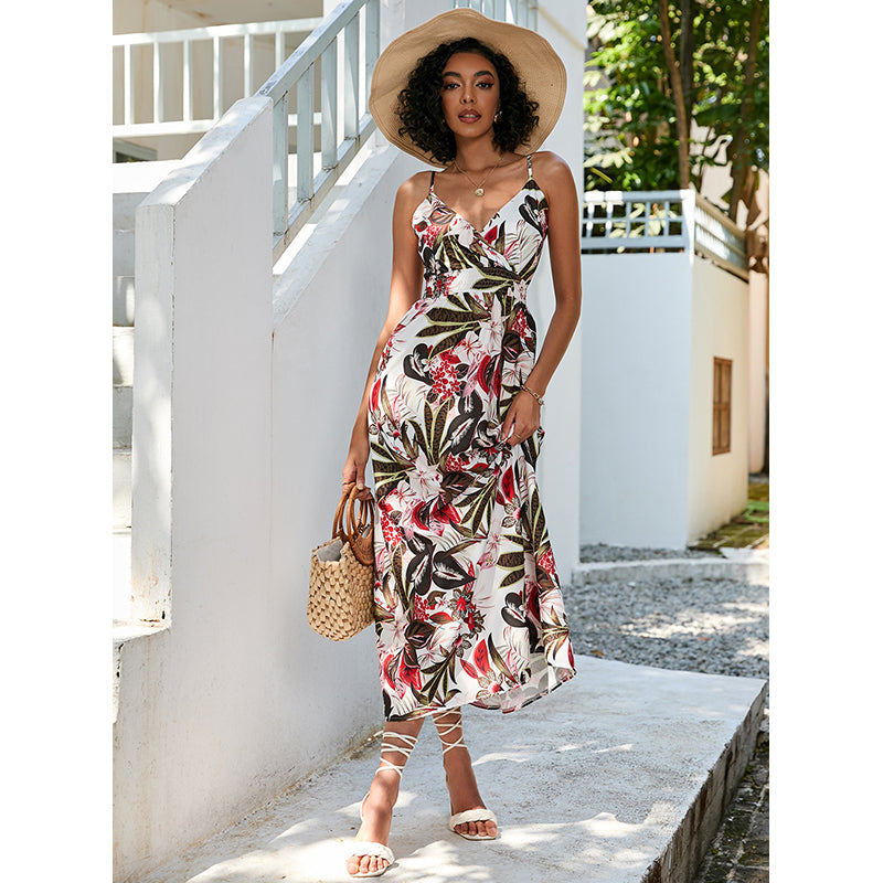 White Floral Printed Shoulder Straps Smocked Maxi Dress