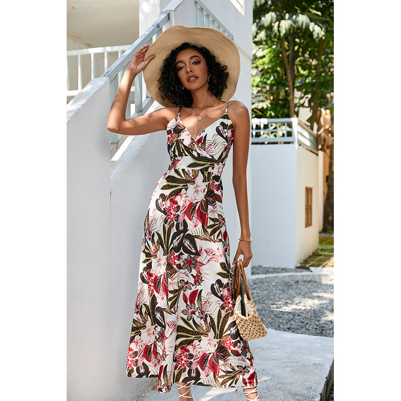 White Floral Printed Shoulder Straps Smocked Maxi Dress