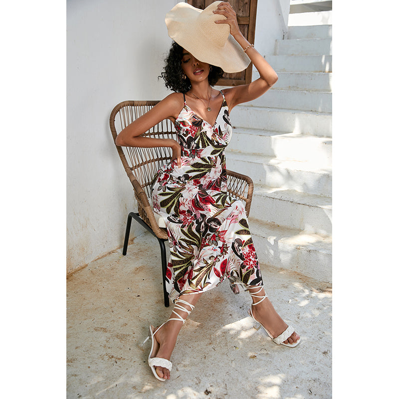 White Floral Printed Shoulder Straps Smocked Maxi Dress