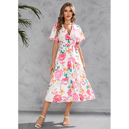 Floral Printed Flared Sleeve Gathered & Tiered Midi Wrap Dress