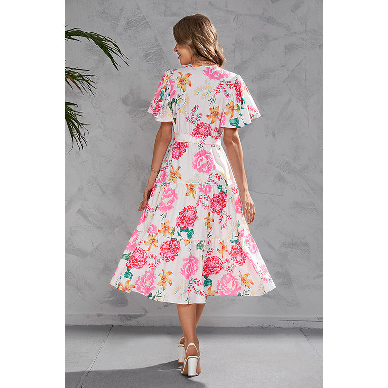 Floral Printed Flared Sleeve Gathered & Tiered Midi Wrap Dress